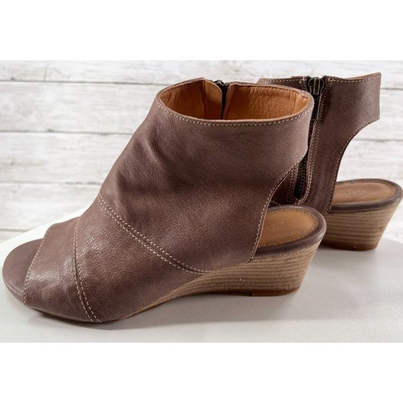 Garnet Hill Madelyn Wedge Women's 6 Italian Leather Zip Peep Toe Mushroom Brown - Picture 2 of 8